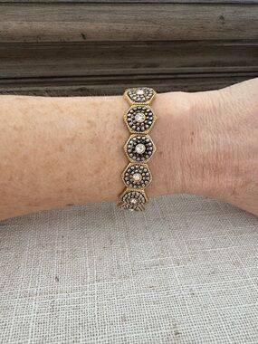 Gold Beaded Bracelet Crystal Hexagon Stretch Bracelet One Size Like New